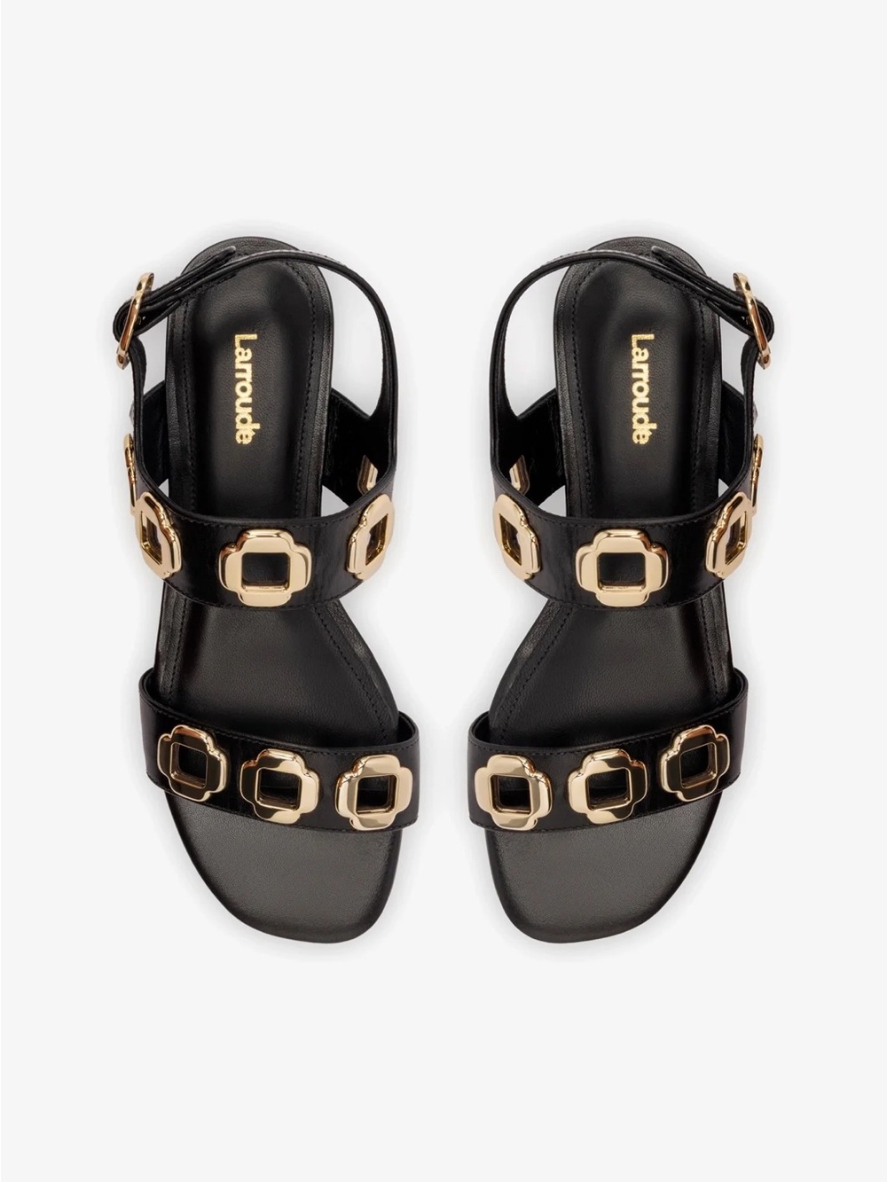 NWT Larroude Milan Flat Sandal In Black Leather with gold